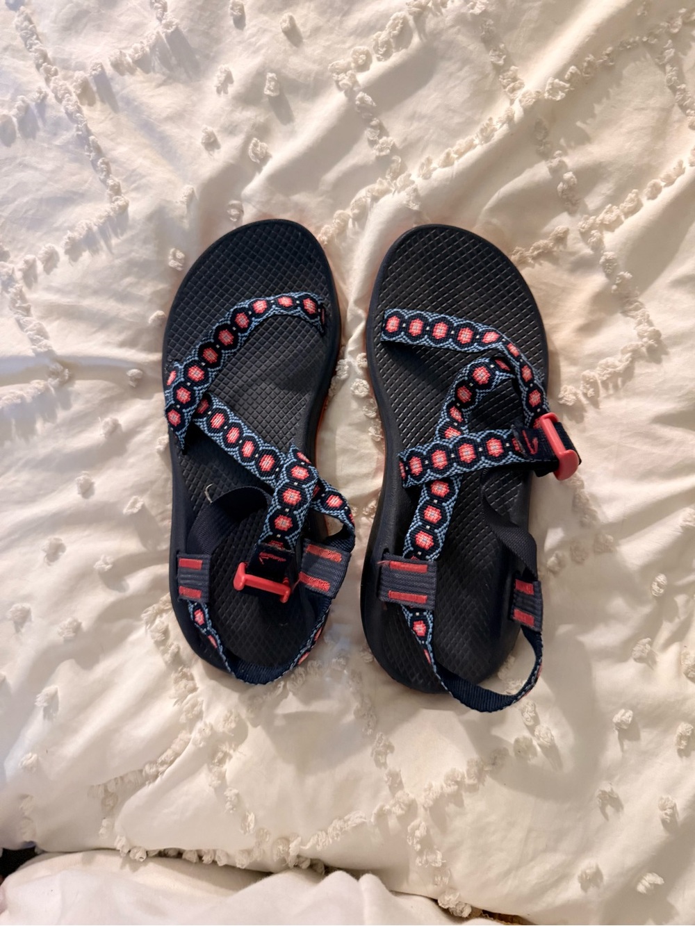 Chaco women’s Navy Blue Sandals with Coral Accents